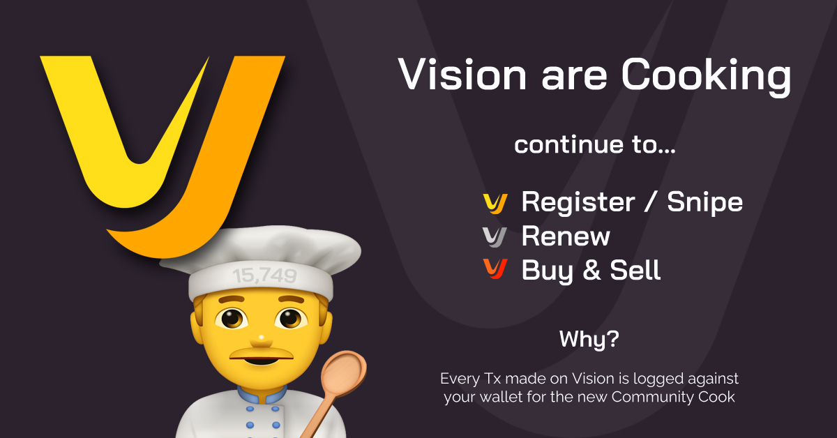 ensvision's tweet photo. 🚀Visionaries 

Now is the perfect time to register new .eth names or renew in bulk on Vision.

Every registration, renewal, and bulk action flows through our slick, reliable interface and gets clearly recorded on-chain.

All your activity — plus everything since the January relaunch — continues to be logged internally by Vision. 

This data feeds our own Community project that we've been teasing the last week 🧑‍🍳

Building with conviction. 💪🏽

Secure your names where real service and long-term impact matter.

Head to https://t.co/TPmVXJqXIW and let’s rise together! 🔥

#VisionVibe #ENS #LockItIn #15749