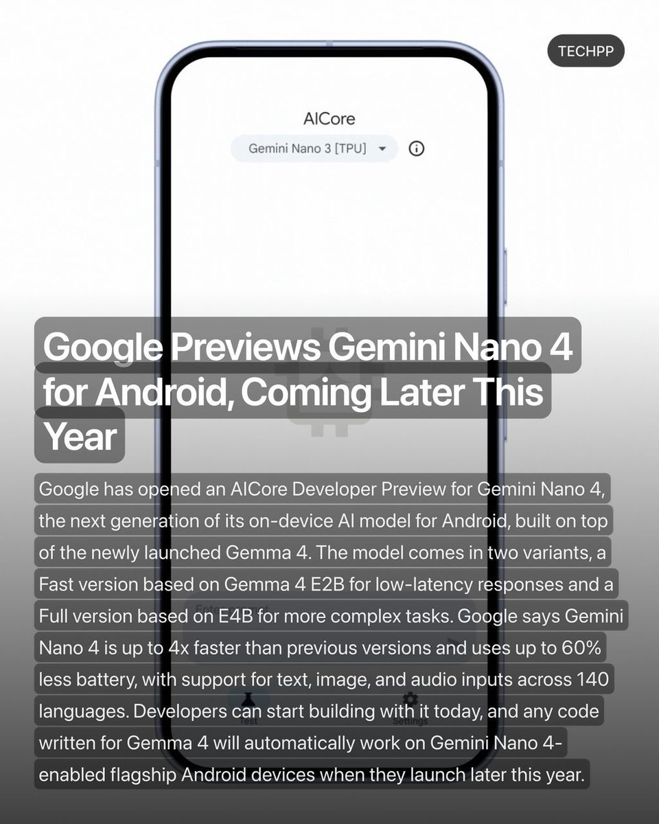 techpp's tweet image. Google Previews Gemini Nano 4 for Android, Coming Later This Year

#Google #Android #Launch #Previews #Gemini #GeminiNano #Gemma4 #AICore #OnDeviceAI #MobileAI