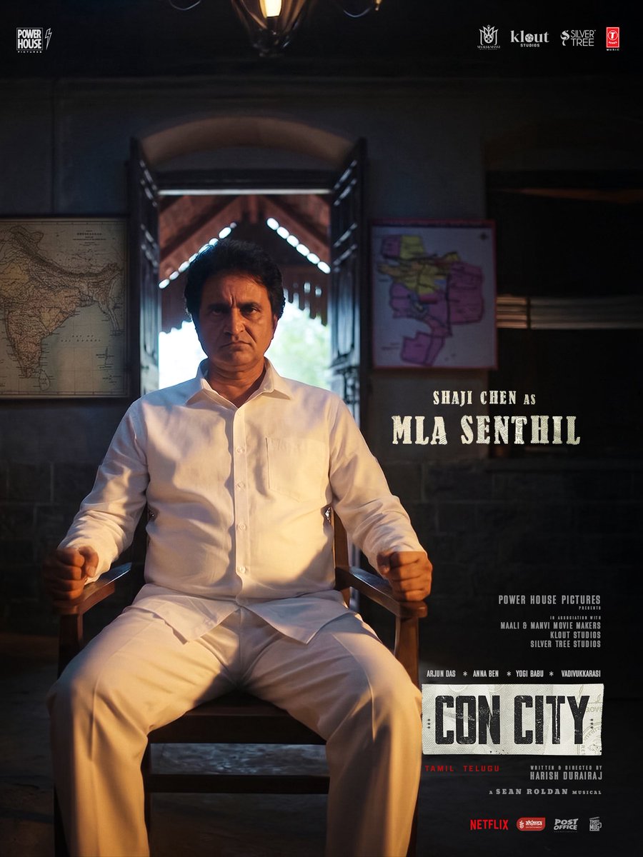 powerhousepic's tweet photo. Another round, another interesting character!

Meet @shajichen as MLA Senthil, in the world of #ConCity.

A film by @harish_durairaj, coming soon to theatres near you.

Starring @iam_arjundas @benanna_love @iYogiBabu #Vadivukkarasi #Akhilan. 

@powerhousepic in association with @Maaliandmaanvi @kloutstudios and
@SilverTreeOffl

A @RSeanRoldan musical

@arunprajeethm @vijaymp29 @proyuvraaj @Netflix_INSouth @TSeries @tseriessouth @vithurs_ @ahimsafilms @sidhuwrites