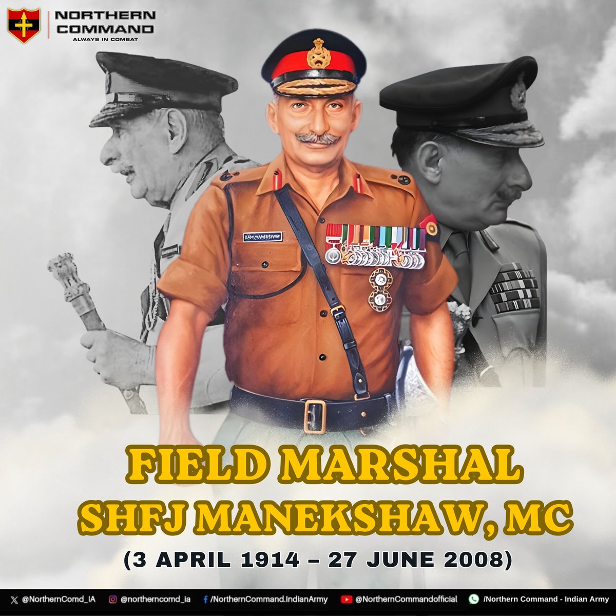NorthernComd_IA's tweet image. Lt Gen Pratik Sharma #ArmyCdrNC and all ranks of #NorthernCommand pay homage to Field Marshal SHFJ Manekshaw, MC on his birth anniversary.  A true #Legend of the Indian Armed Forces — charismatic leader, strategic mastermind and architect of one of the greatest victories in