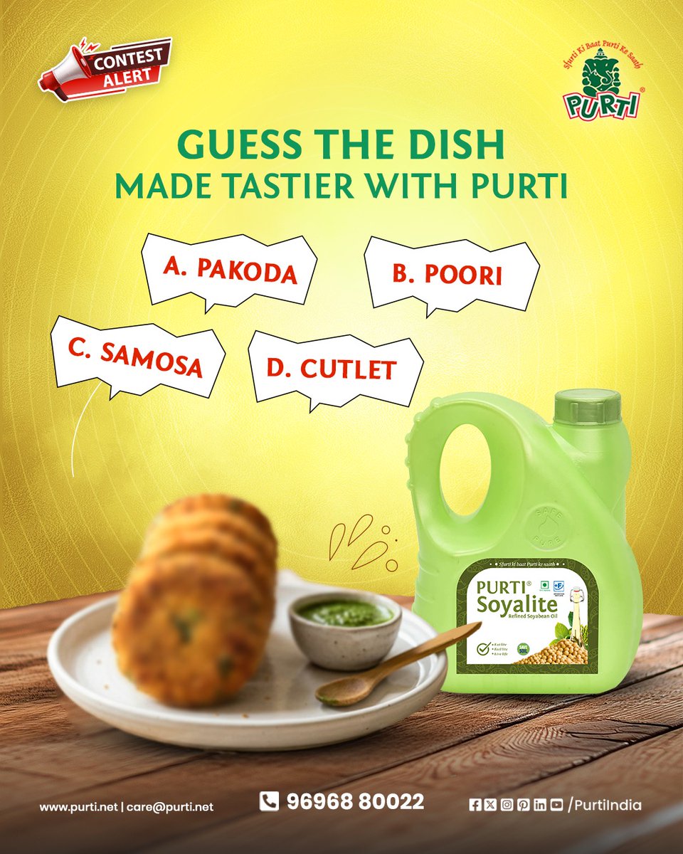 PurtiIndia's tweet image. #ContestAlert 𝐆𝐮𝐞𝐬𝐬 𝐓𝐡𝐞 𝐓𝐚𝐬𝐭𝐢𝐞𝐫 𝐃𝐢𝐬𝐡 to win 𝐀𝐦𝐚𝐳𝐢𝐧𝐠 𝐏𝐫𝐢𝐳𝐞𝐬!!🎉 

🎯 Like, Share &amp;amp; Comment
🎯 Tag 3 friends
🎯 Review Page &amp;amp; Subscribe youtube.com/channel/UCvGkt…
.
.
#Purti #EdibleOil #CookingOil #contestgiveaway #KnowYourOil #ContestTime #LuckyWinner