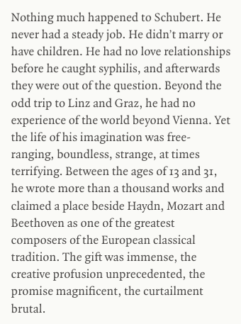 jjvincent's tweet photo. "The gift was immense, the creative profusion unprecedented, the promise magnificent, the curtailment brutal." - an absolutely gorgeous piece on the life and lieder of Schubert. https://t.co/t4U6nRarzS https://t.co/pCkcfvKj3p