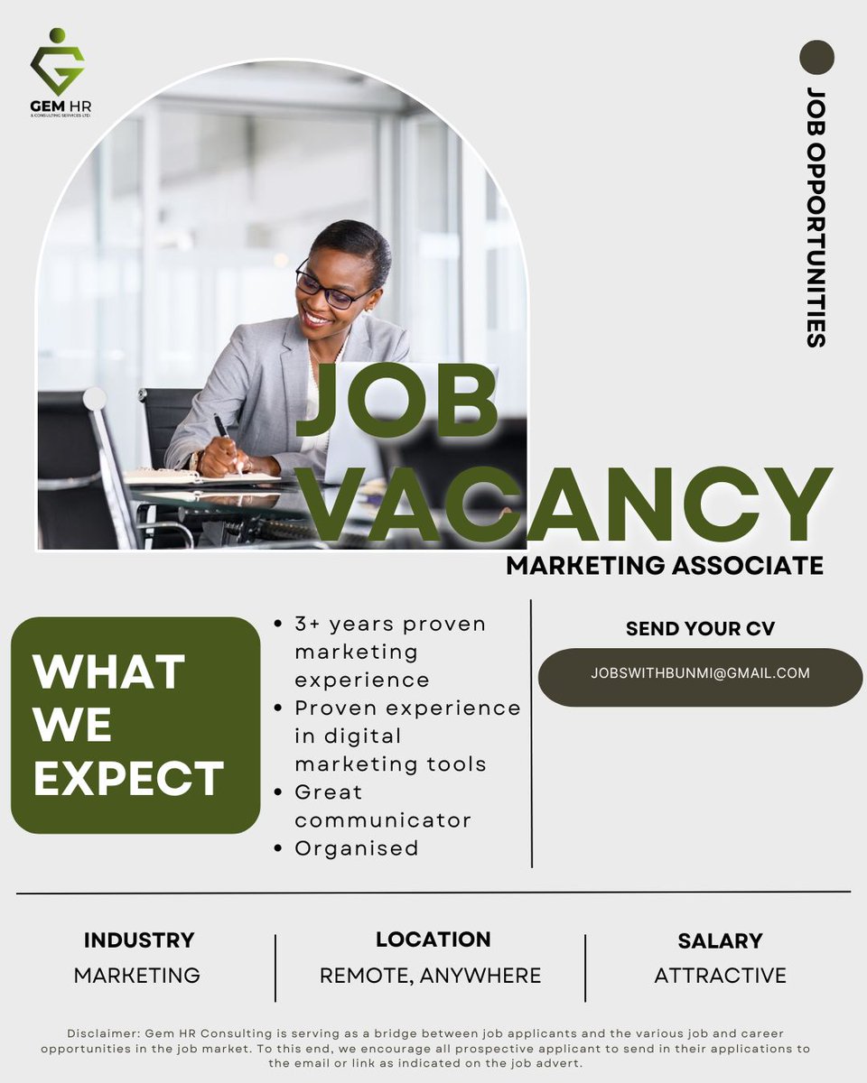 gem_hr's tweet image. 🔥Urgent Hiring: Marketing Associate!🌟Lead and impact the Marketing Industry! Location: Remote.💌APPLY: jobswithbunmi@gmail.com⏳Act fast—this opportunity won't last! 👥 Know someone ideal? Tag them! #marketingonline #marketingagency #marketingassosiate #remotejobs #remotework