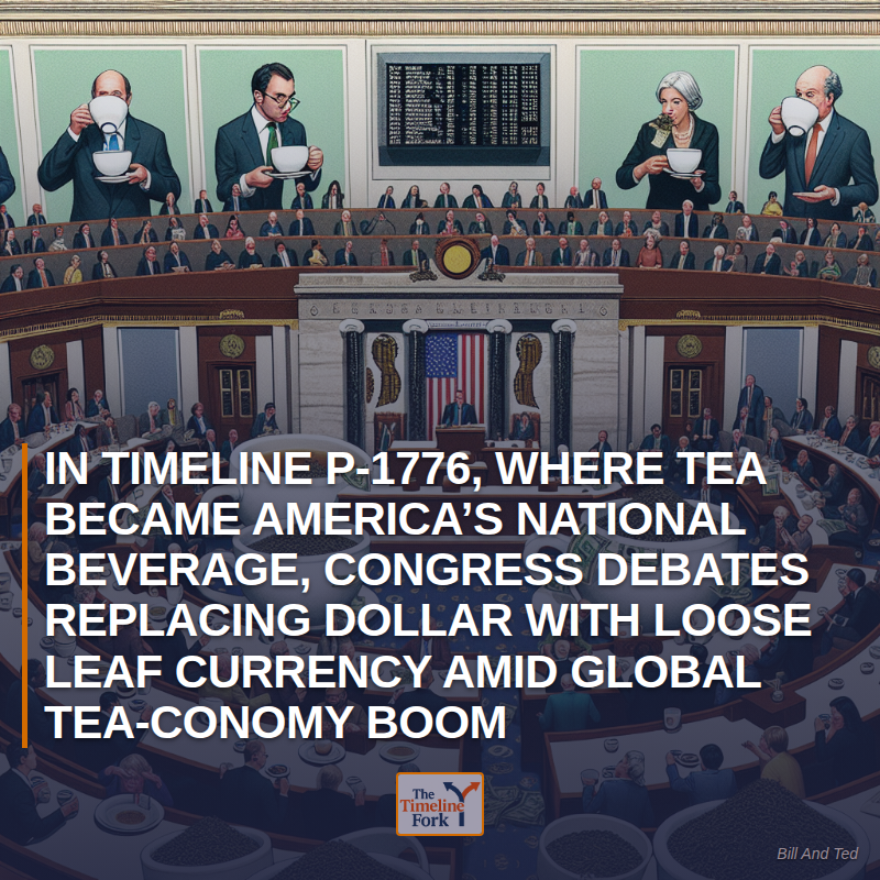 Timelinefork's tweet photo. In Timeline P-1776, Where Tea Became America’s National Beverage, Congress Debates Replacing Dollar with Loose Leaf Currency Amid Global Tea-conomy Boom

#USCongress #GlobalEconomy #Satire https://t.co/1xg5aSqj83