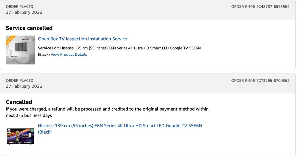 sauravsin0609's tweet photo. Hey, I have ordered a television from @AmazonHelp and then order got cancelled I did not recieved any refund yet, Just looping between @HDFC_Bank and @amazonIN it's my hard earned money and its been 1.5months. https://t.co/N51iv6YtXk