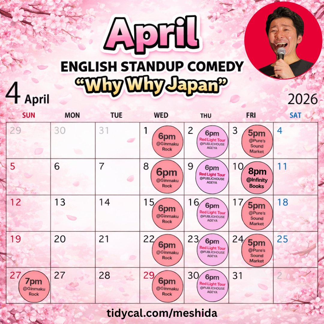 MeshidaComedy's tweet photo. Live English Standup Comedy Show in April 2026 (Tokyo)
Book: https://t.co/RriHvtFIqS https://t.co/bAXGF5GkoN