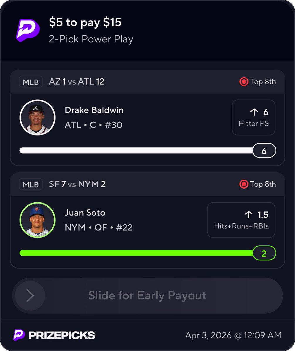 GaUtPicks's tweet photo. 🚨 CASH OUT OR LET IT RIDE?! 🚨

WE ARE ONE LEG AWAY FROM A CLEAN SWEEP 💰🔥

✅ Juan Soto SMASHED HIS LINE (2+)
⏳ Drake Baldwin SITTING RIGHT ON THE NUMBER…

TOP 8TH. TENSION HIGH. SWEAT REAL 😮‍💨

$5 ➡️ $15 ON THE LINE
DO YOU CASH EARLY… OR TRUST THE PLAY? 👀

THIS is what we live for
THIS is the sweat
THIS is PRIZEPICKS 🎯

Drop a 💰 if you’re RIDING IT OUT

#PrizePicks #MLB