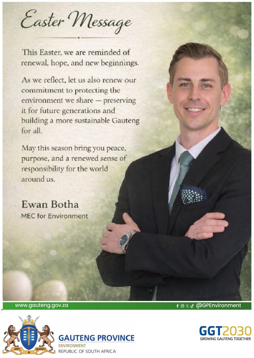TheeEwanBotha's tweet image. This Easter, let’s renew more than just our spirits 🌿
Let’s renew our commitment to protecting the environment we all call home.
Happy Easter from MEC Ewan Botha 🐣
#HappyEaster #Easter2026 #Renewal #NewBeginnings #ProtectOurPlanet #EnvironmentalResponsibility