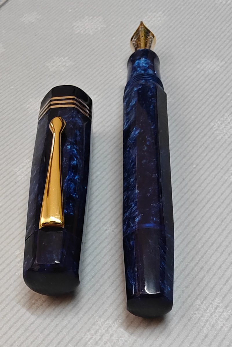 FosforPens's tweet photo. Just finished: Ashtakone pen in Conway Stewart Blue Stardust. It hold a Montblanc 149 nib unit and has a built-in piston filler. https://t.co/pdM7JjkqtB