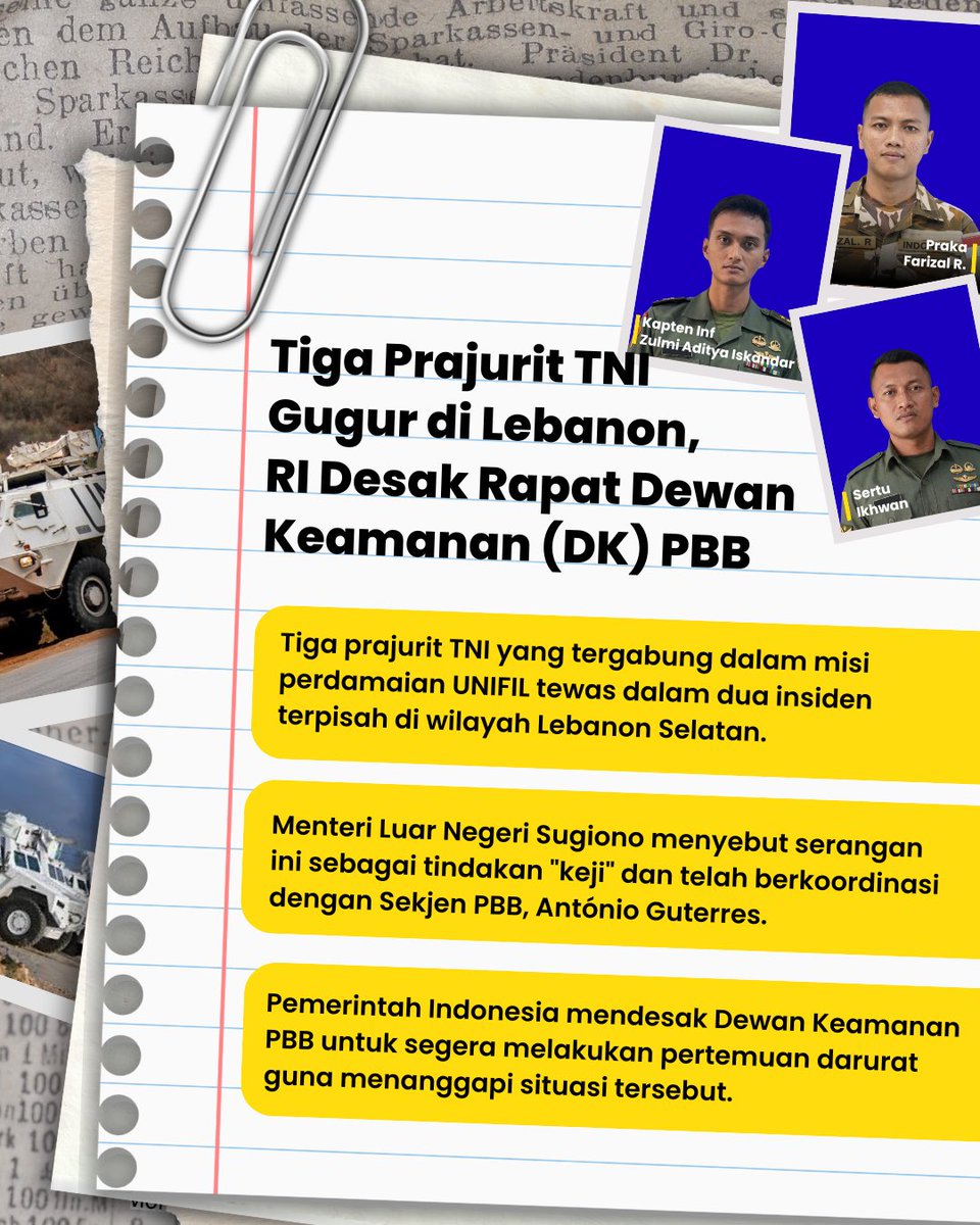 ALailin41591's tweet image. Indonesia berduka. Tiga prajurit TNI yang menjalankan misi mulia menjaga perdamaian dunia di bawah bendera UNIFIL (PBB) telah gugur dalam dua insiden terpisah di Lebanon Selatan. #IndonesiaKita #IndonesiaStabil #inews