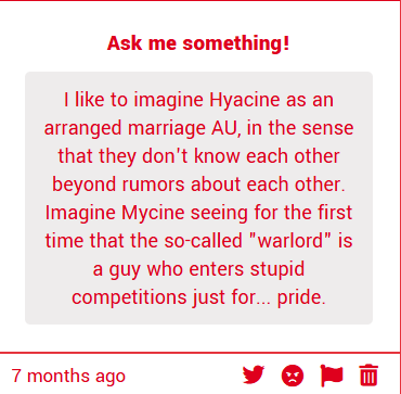 - This is really interesting, Anon. I'll try to write something like this when I have a stroke of inspiration!

- This was during the chef event, right? I loved it so much! Your idea gives me a fic idea with Phaicine, hehe.

- Anon, why are you cooking so hard for Mycine? Great!