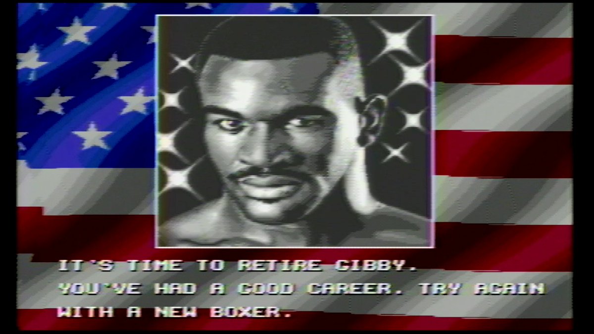Captured some Evander Holyfield "Real Deal" Boxing on Sega Genesis today. Thought I had a good strategy of only building up my speed, and having repeat matches with much lower ranked fighters to build up my other attributes. Then, this happened. Retire, my ass, Champ. LOL