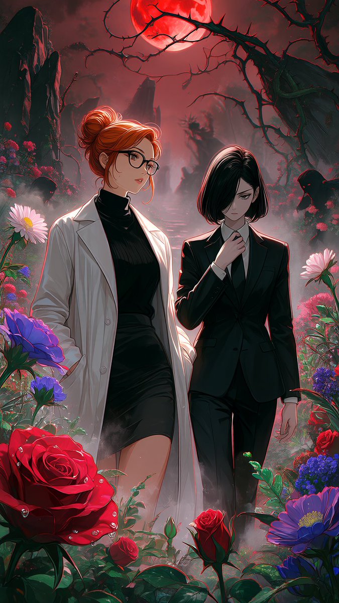 _yabaitcm's tweet photo. 幽暗的魔界森林邊緣，空氣中瀰漫著一股甜膩到令人作嘔的花香。篠舞和公衛子為了尋找傳說中的草藥，小心翼翼地踏入了這片禁忌的土地。

『...真的是這裡嗎？』

「沒錯，就是這裡」

『可是這裡看起來很不OK。』

「以毒攻毒以毒攻毒嘛，對於某些受到魔界毒素影響的病人來說，來這邊尋找解藥適合的做法」

『...真拿妳沒辦法，我們快去快回吧』

然而，她們並不知道，從她們邁出第一步的那一刻起，這座森林就已經向她們張開了貪婪的巨口。

四周那些色彩妖豔、形狀詭異的花朵，彷彿擁有生命一般，在暗處靜靜地注視著這兩個鮮活的獵物。

#篠舞 #公衛子 #百合