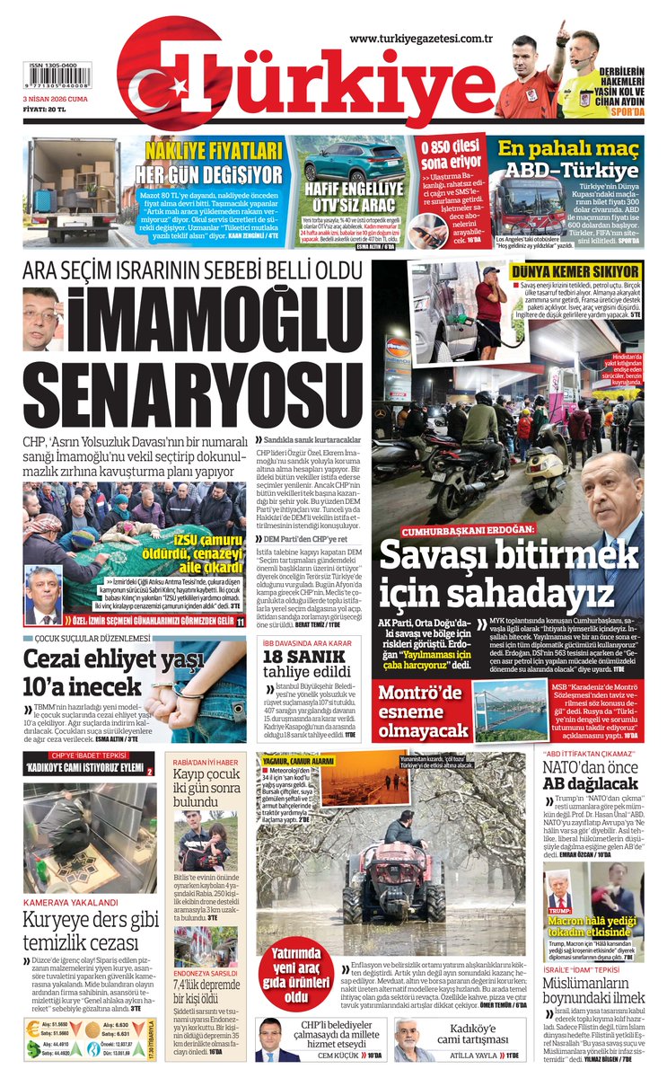 🗞️Bugünün #TürkiyeGazetesi

İMAMOĞLU SENARYOSU

CHP, ‘Asrın Yolsuzluk Davası’nın bir numaralı sanığı İmamoğlu’nu vekil seçtirip dokunulmazlık zırhına kavuşturma planı yapıyor

turkiyegazetesi.com.tr/gundem/ara-sec…