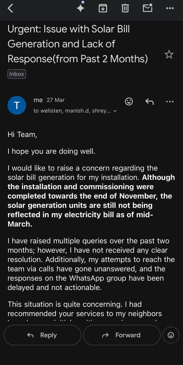Prashant_T_GKP's tweet photo. Poor after-sales service from @SolarSquare1.My solar system RSSEUPID:RSSEUP4571 installed in Nov is still not commissioned due to pending meter configuration Solar generation not reflected in bills despite months of followups.Calls,WhatsAppemails unanswered.Need urgent resolution https://t.co/fGDfXVqx6d