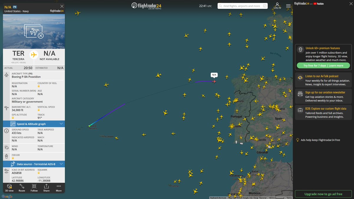 AIYeyENGDdJkjTr's tweet image. Apr. 3, 2026
#Jacksonville NAS #Bermuda #Lajes Field Air Force Base ==&amp;gt; #Naval Air Station Sigonella

#NoCALLSIGN #AE6858 USN P-8A Poseidon