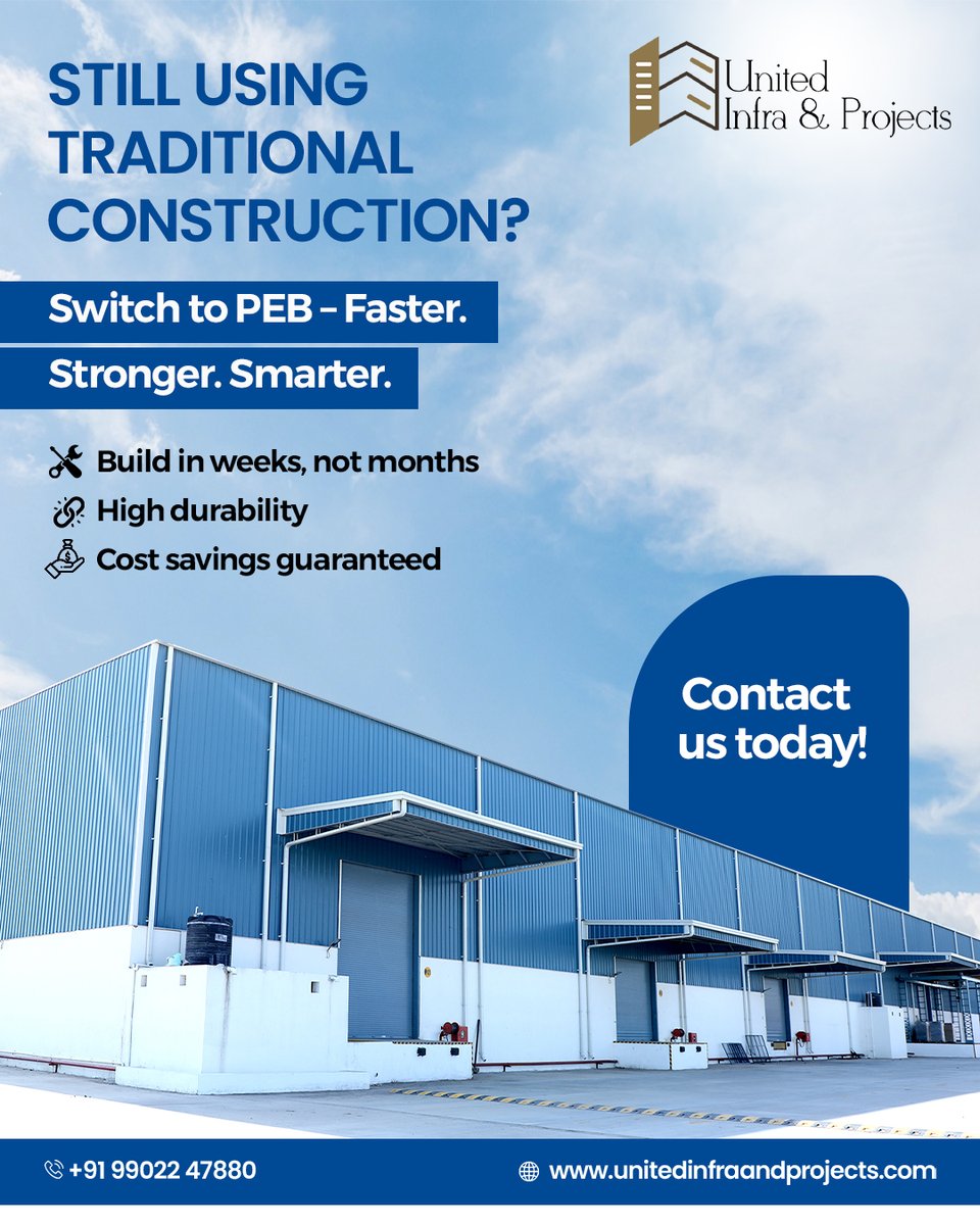 UnitedInfra123's tweet image. Still using traditional construction?
Switch to PEB – Faster
Contact us today!
 #FastConstruction #preengineeredbuildings #ModernConstruction #SmartBuilding
📞 Call us:+91 99022 47880 / +91 95735 52277
🌐 Visit: unitedinfraandprojects.com
✉️Mail Id: unitedinfraandprojects@gmail.com