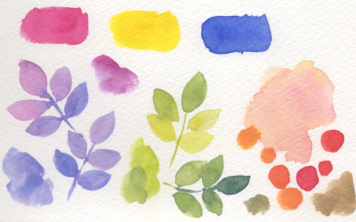三原色で絵を描くのは正直難しい！
でも「３色で描く」ということ自体は面白い！
自分で、適当に赤、黄色、青を選んで描くと、それぞれの色と親密になれる感じ。
左上　アンティークカラーセット
右上　果物セット
左下　自然カラーセット
右下　鮮やかな紫に最適セット