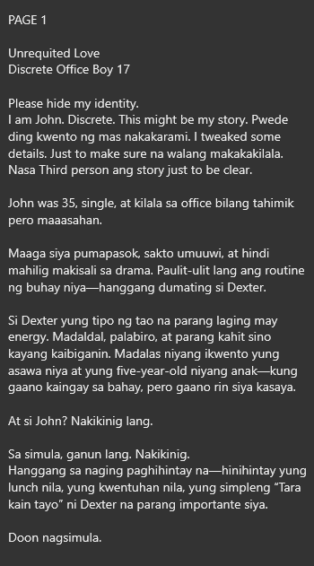 AlterOfan83223's tweet photo. May asawa si Dexter. May anak. May buhay na buo na.
Kaya ginawa ni John ang kaya niyang gawin: tinago niya. Ngumiti. Nanatili. Pero hindi lumampas.
Pages 1-2
Sender: Discrete Office Boy 17
#ConfessionOfanAlter879
#MarriedMan #Straightguy #Officemate https://t.co/UFovPL50nz