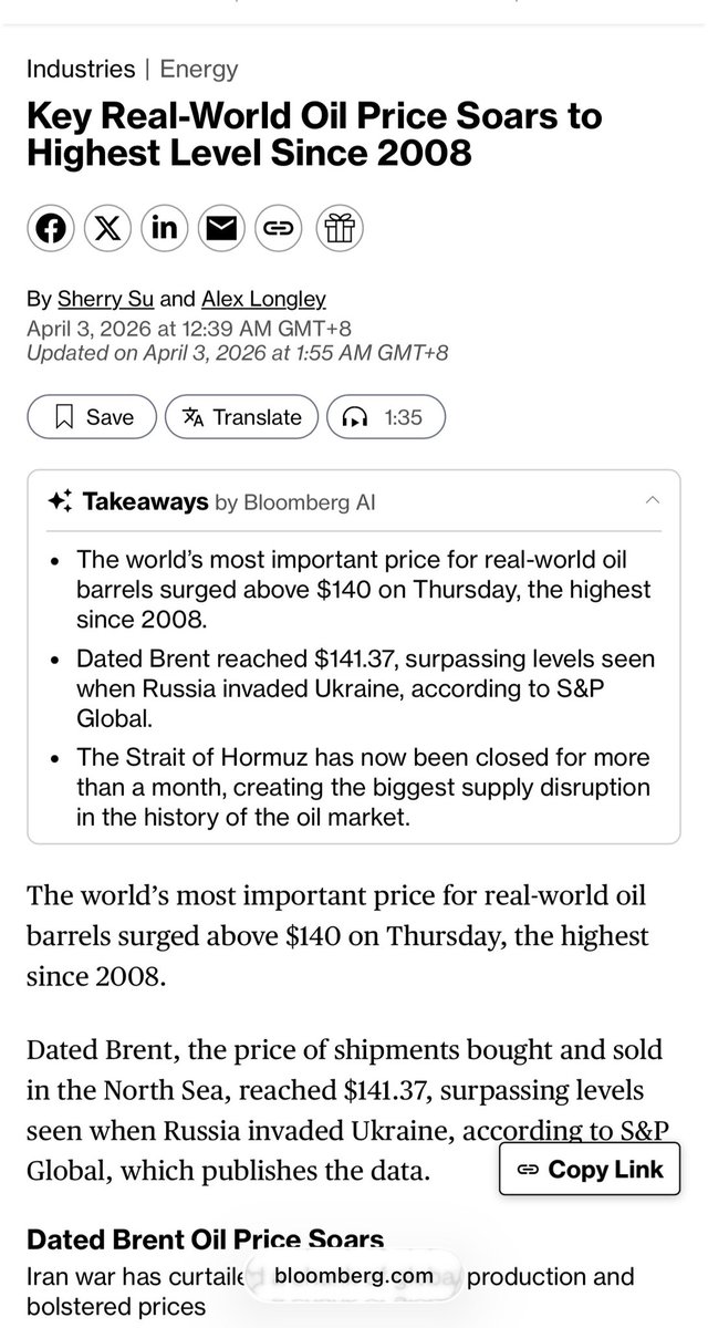 azha_investing's tweet photo. Kita perlu lebih transparent on the risk ahead and need a real plan. 
Harga & supply. Worst in history, highest in nearly 20yrs. 

Harga minyak futures Vs harga actual jauh beza. 
Bloomberg says it’s acute:
•”The world’s most important price for real-world oil barrels surged ABOVE $140 on Thursday, HIGHEST since 2008.”
•”Strait of Hormuz has created the BIGGEST SUPPLY DISRUPTION in the history of the oil market.”

NOT FAKE NEWS. IT’S REALITY. 

Parah? What’s next: Food? 
Almost everything we touch and use are oil/petroleum-related.