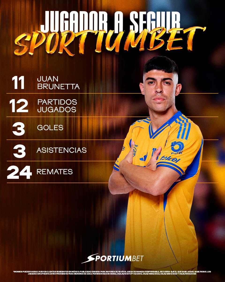 🔥🐯 Juan Brunetta es el Jugador a Seguir <a href="/SportiumBetMX/">Sportium Bet</a> para el encuentro de esta noche.

💰 Duplicamos tu primer depósito hasta $3,500, regístrate en: bit.ly/SportiumBetxTi…

#SportiumBetxTigres