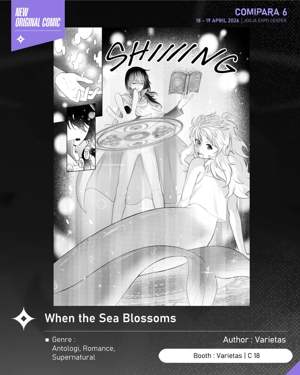 comipara_id's tweet image. [COMIC RAID]
Author: Varietas
Booth: C 18  -  Varietas

Ini diaaa komik baru karya Kak Varietas, berjudul "When the Sea Blossoms" yang akan dijual di Comipara 6 besok lho!

Sampai ketemu di venue! ✨

Comipara 6
18-19 April 2026
Jogja Expo Center

#comicraid6