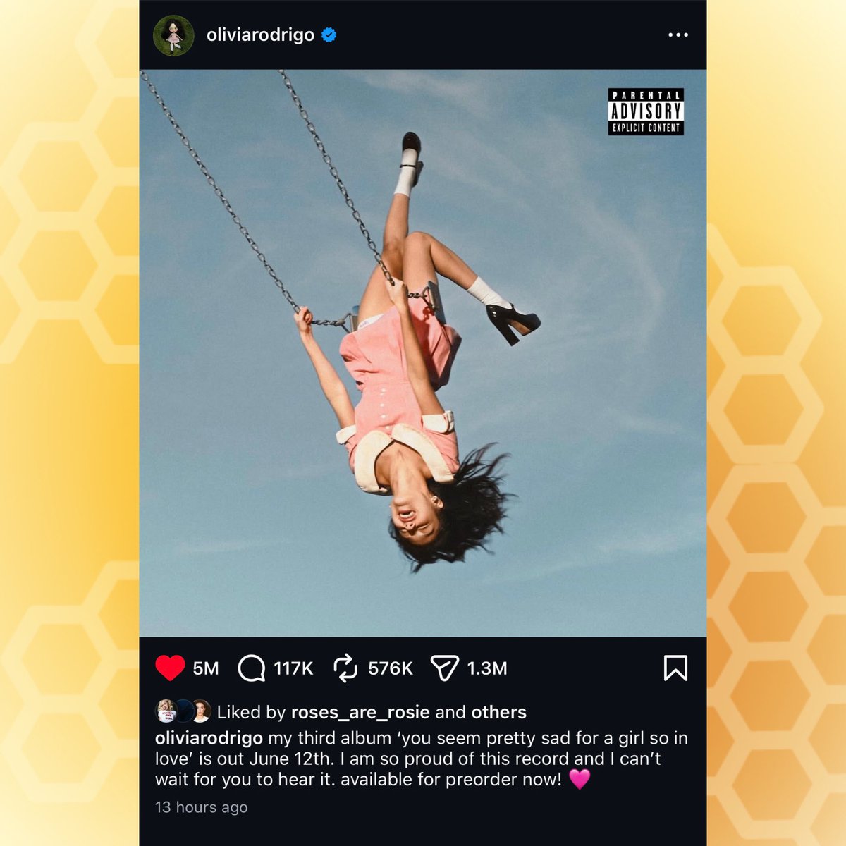 ‘you seem pretty sad for a girl who is so in love’ is now Olivia Rodrigo’s most liked album annoucement on Instagram (5 MILLION).