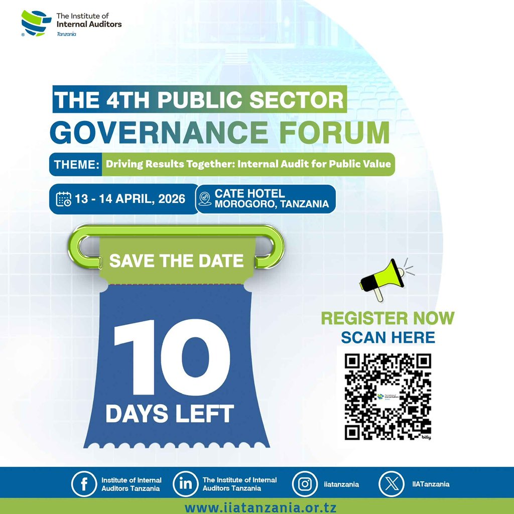 10 Days to Go

Be part of the conversations shaping the future of public sector governance. The 4th Public Sector Governance Forum will bring together leaders and professionals to share insights, strengthen oversight, and drive results.

🗓️13–14 April 2026
📍 Cate Hotel, Morogoro