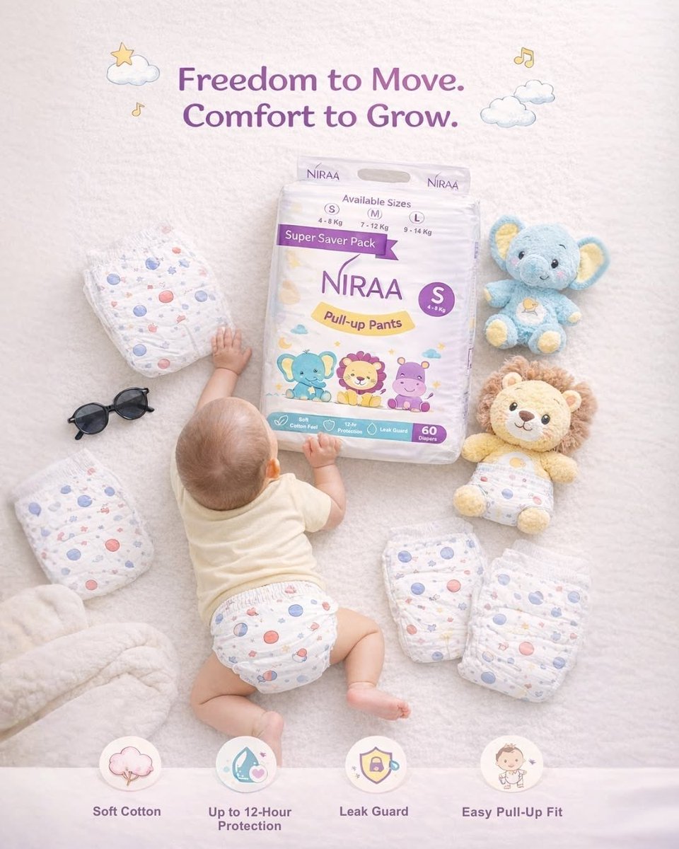 niraabysdg's tweet image. Little moves, big comfort.
From first crawls to playful kicks, NIRAA Pull-Up Pants keep your baby dry, soft, and comfortable all day.

#NIRAABYSDG #BabyComfort #BabyDiapers