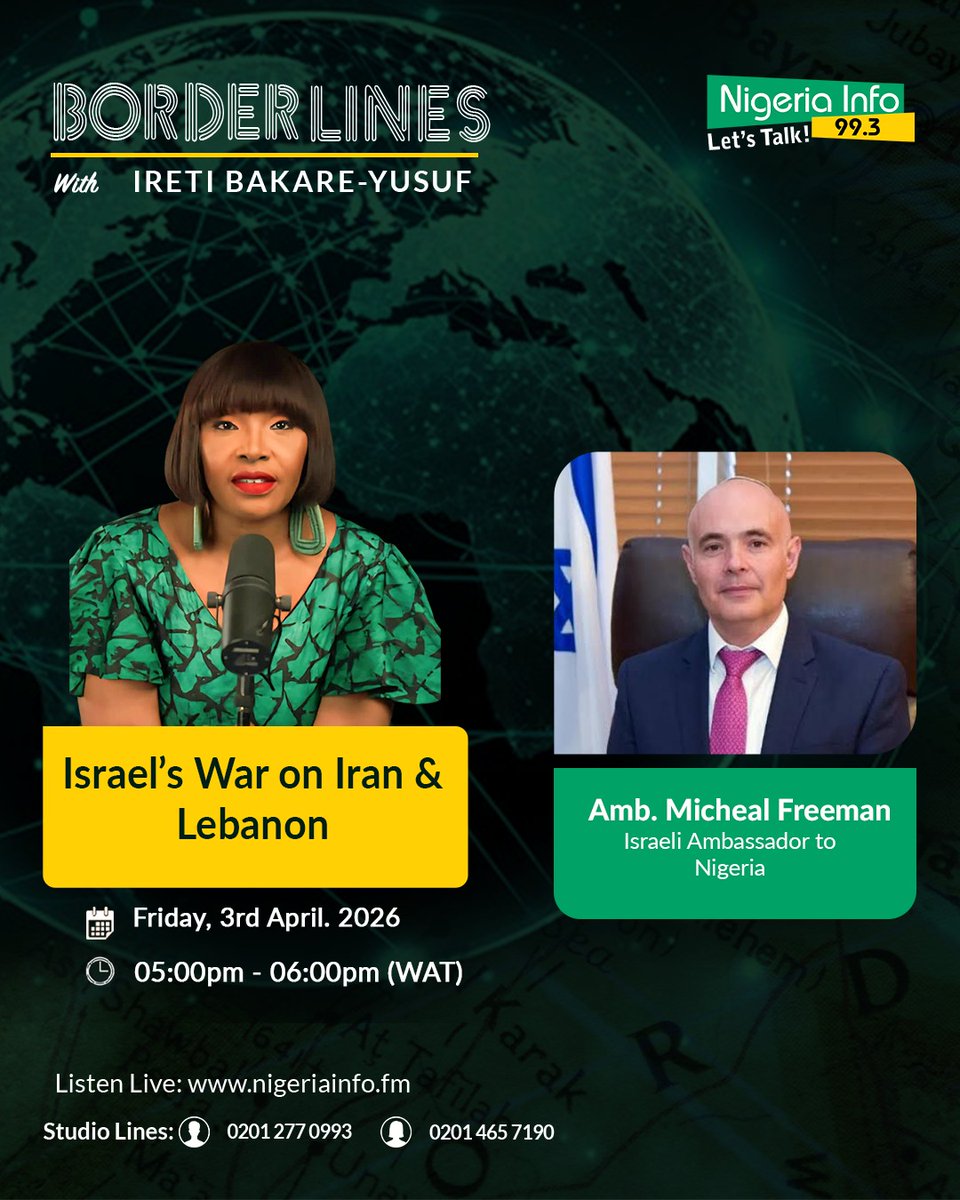 NigeriainfoFM's tweet photo. Today on #Borderlines
๐ As tensions rise in Lebanon, is the region on the brink of a wider war?
๐ And with Israelโs confrontation with Iran, how far could this conflict spread across the Middle East?
Join @sisiogelagos for a critical conversation with:
๐๐ฝ Nicholas Noe @NoeNicholas โ Director, The Exchange Foundation & https://t.co/FOZZlWBBX0
๐๐ฝ Ambassador Michael Freeman @M_S_Freeman โ Israeli Ambassador to Nigeria @IsraelinNigeria
๐
Tune in at 4 PM & have your say!
#IsraelLebanon #IranIsrael #MiddleEastCrisis #Geopolitics #Borderlines