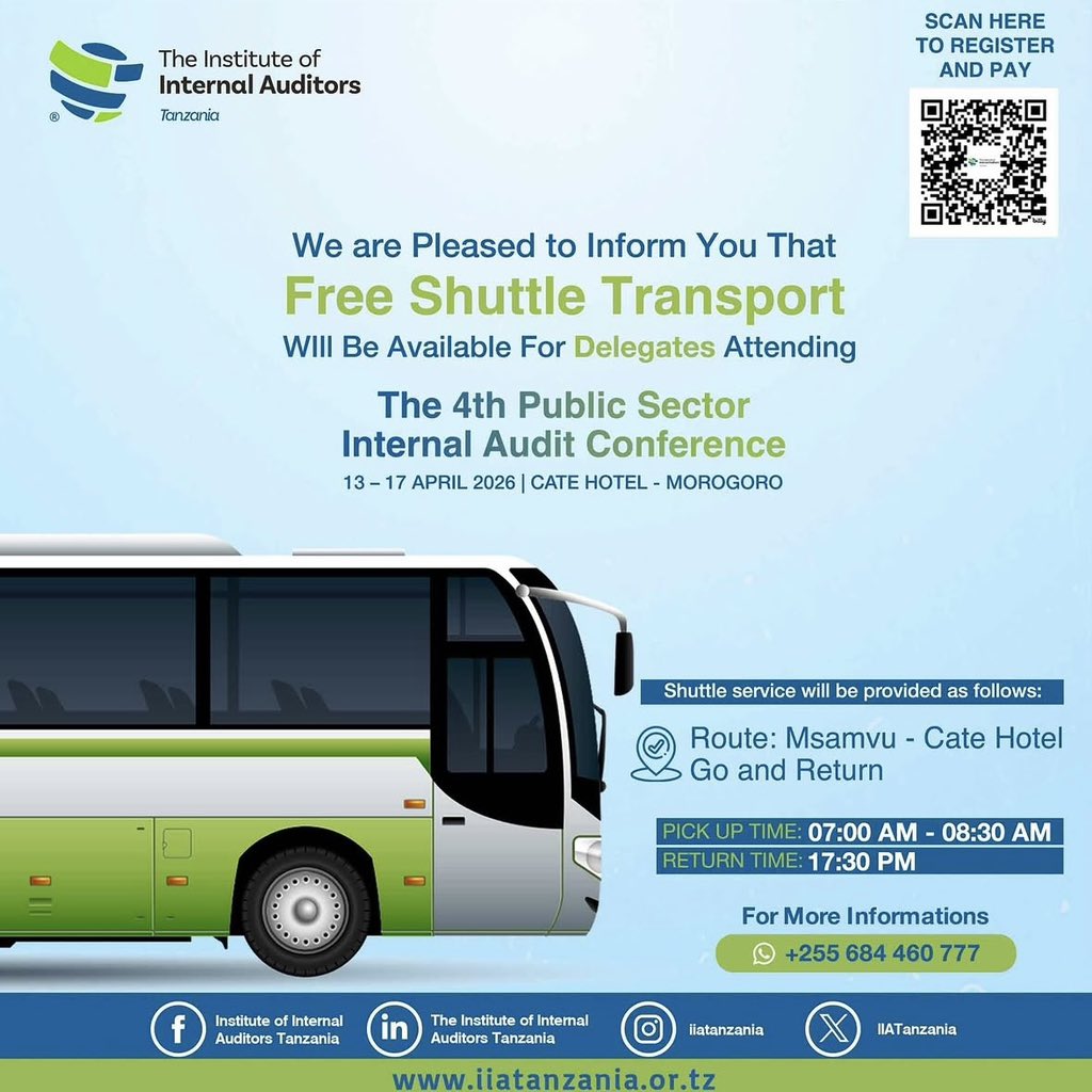 Good news for conference delegates.

A complimentary shuttle will run daily from Msamvu Bus Terminal to Cate Hotel to support participants attending the 4th Public Sector Internal Audit Conference.

🕖 07:00 AM Pick-up
🗓️13–17 April 2026

One less thing to worry about, just