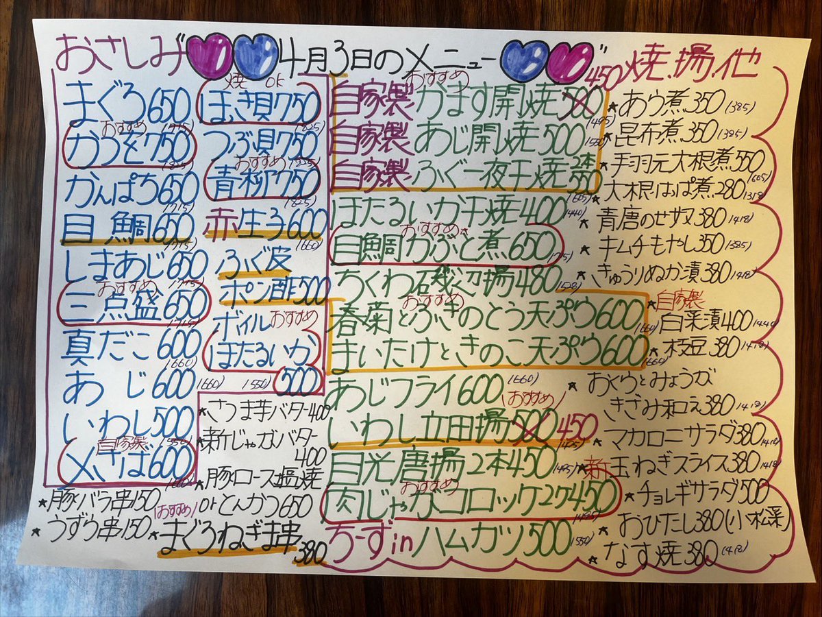 isokichi_fuchu's tweet photo. 本日のおすすめ！

⭐️かつを刺
⭐️青柳刺
⭐️ほっき貝or焼
⭐️自家製ふぐ一夜干焼
⭐️自家製かます開焼
⭐️春菊とふきのとう天ぷら
⭐️肉じゃがコロッケ
⭐️まぐろねぎま串焼

ご来店お待ちしております🐎🤎
#fuchu #府中 #居酒屋 #中村家
#ルシーニュ #やきとり #刺身 https://t.co/5d4lJuxchf