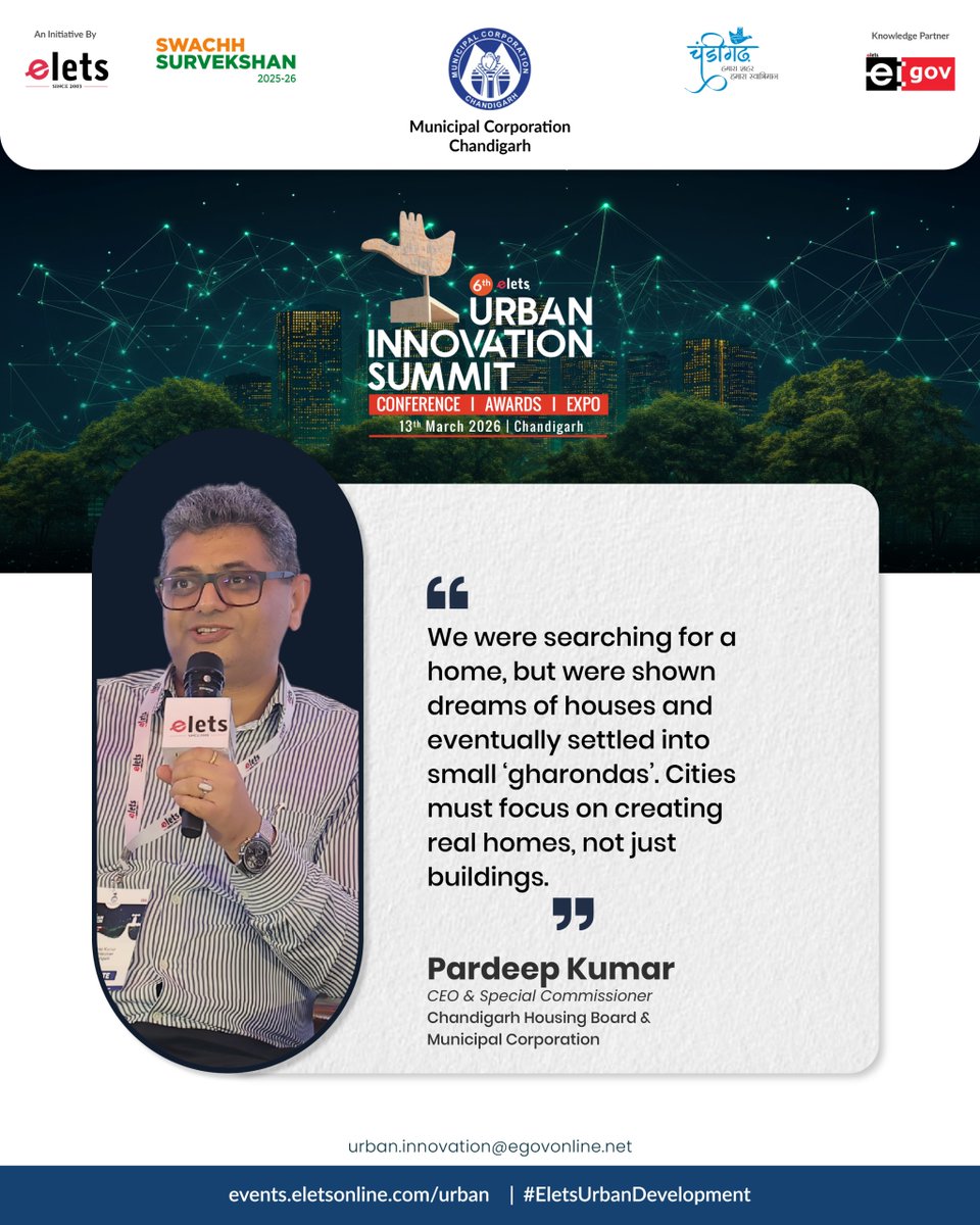 egovonline's tweet image. At the Urban Innovation Summit 2026, Pardeep Kumar, CEO &amp;amp; Special Commissioner, Chandigarh Housing Board &amp;amp; Municipal Corporation, highlighted the need for integrated planning...

Read More: lnkd.in/dq79D7nB

#UrbanDevelopment #FutureCities #SmartCities #CityPlanning