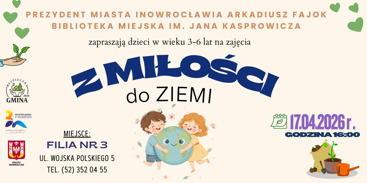 bmjkinowroclaw's tweet image. Z miłości do Ziemi  - 
#bmjkinowroclaw #Inowrocław #biblioteka
-  jan-kasprowicz.bmino.pl/z-milosci-do-z… 
W związku ze zbliżającym się Światowym Dniem Ziemi, Filia nr 3 zaprasza dzieci w wieku od 3 do 6 lat na zajęcia pt. „Z miłości do Ziemi”. Podczas spotkania uczestnicy dowiedzą się, ja...
