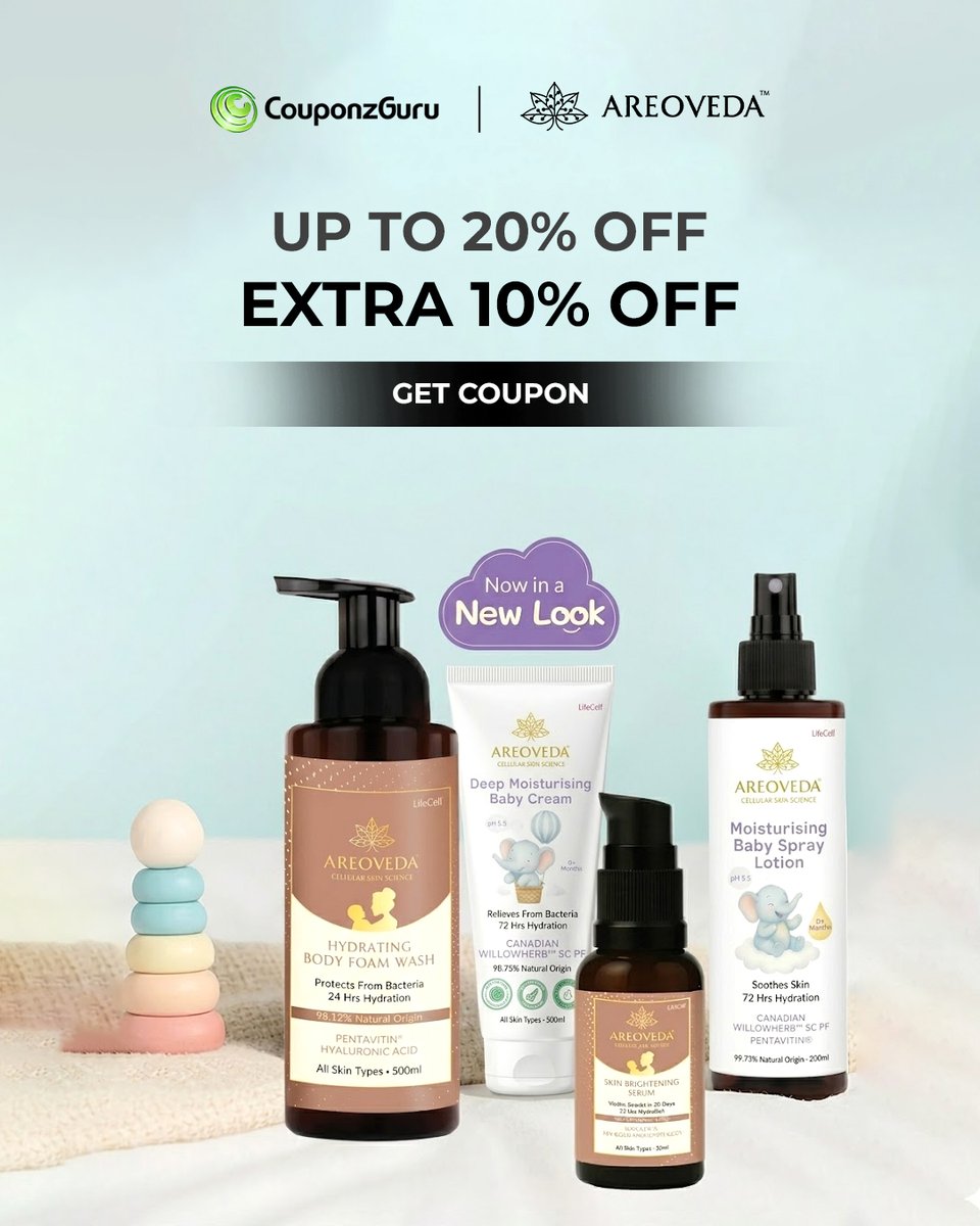 couponzguru's tweet image. Sitewide Offer 
Avail Upto 20% Off On AreoVeda Skincare And Baby Care Products
 Also, Avail Extra 10% OFF On Rs.400 And Instant 5% Off On All Prepaid Orders. 

Checkout Couponzguru To Get The Coupon Now. 

#skincareproducts #babycare #Coupon #personalcare #SaveBig #FashionDeals