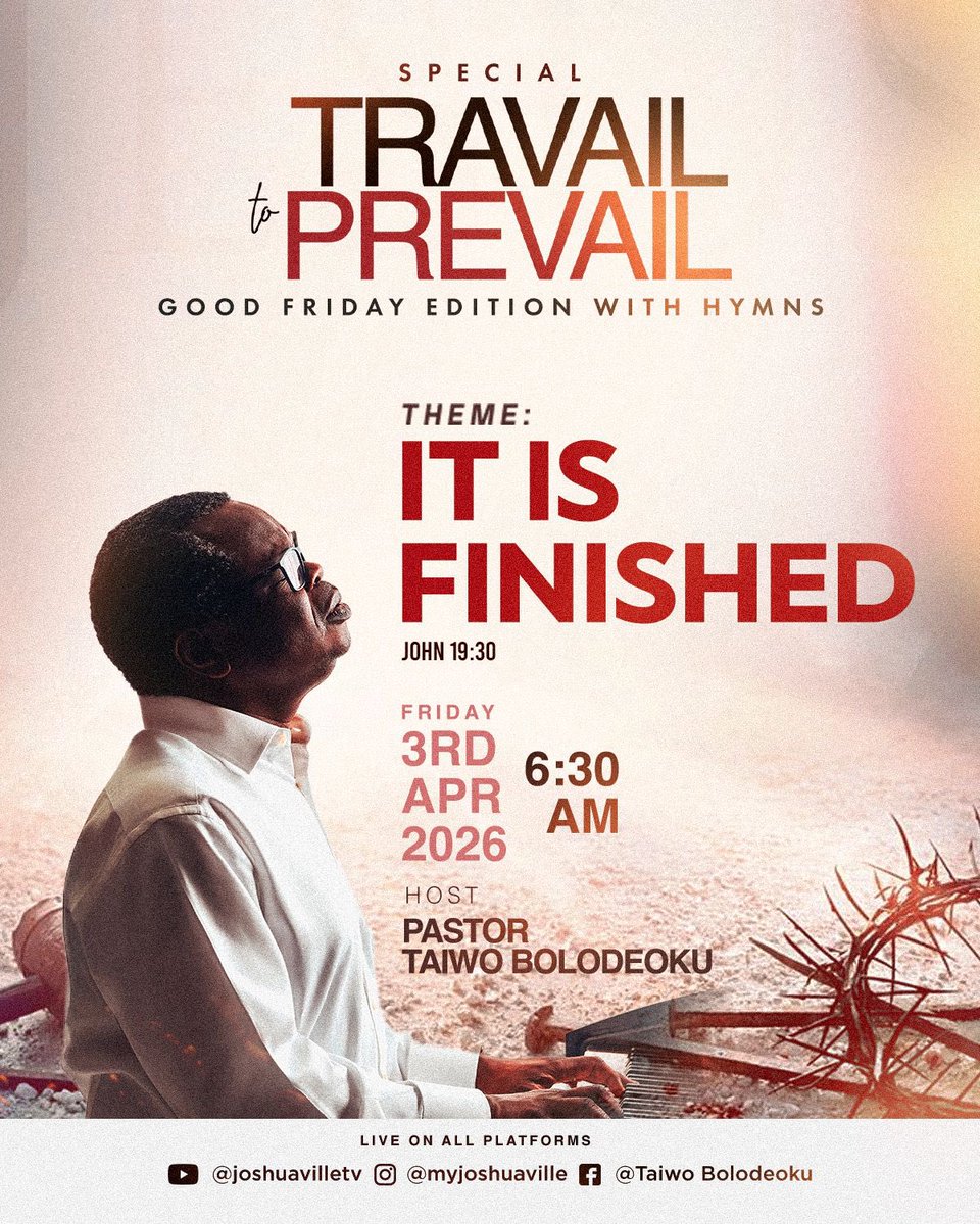 myjoshuaville's tweet image. Happening now #TravailToPrevail

Join Pastor Taiwo Bolodeoku for Travail to Prevail, Good Friday Edition with hymns.

On YouTube👇🏻 
youtube.com/live/Kj_W20XZs…

On Instagram 👇🏻
instagram.com/myjoshuaville/…

On Facebook 👇🏻
facebook.com/share/v/14d54i…

#MyJoshuaVille
#YearOfDominion