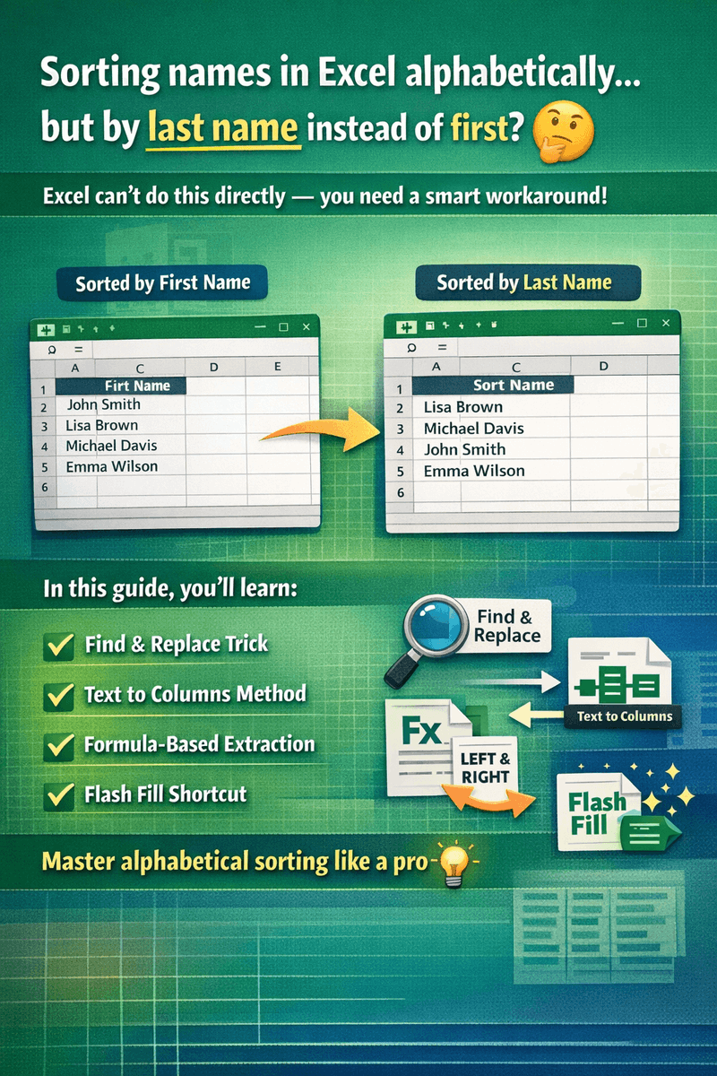 ex_ins's tweet image. Sorting by LAST name in Excel?

Excel doesn’t do it automatically — but there are 4 easy fixes:
✔ Find &amp;amp; Replace
✔ Text to Columns
✔ Formula method
✔ Flash Fill

Full guide here 👉 youtu.be/jLDmCmRd1SI?si…
#ExcelTips #ExcelHacks #DataSkills #Sorting #Sortbylast