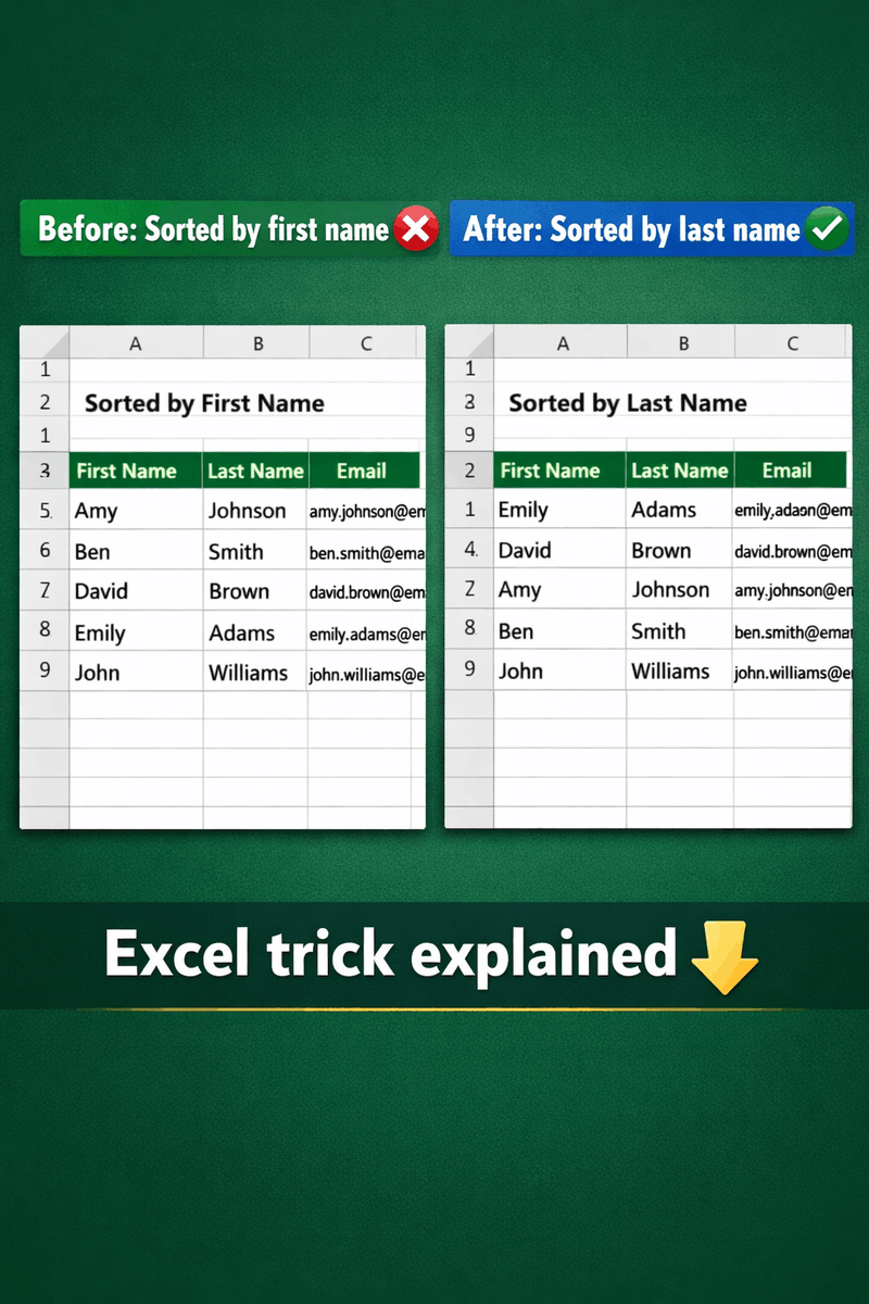 ex_ins's tweet image. Before: Sorted by first name ❌
After: Sorted by last name ✅
Excel trick explained 👇
🔗 excelinsider.com/excel-pro-tips…

#ExcelTips #ExcelHack #Sorting #Sortbylast