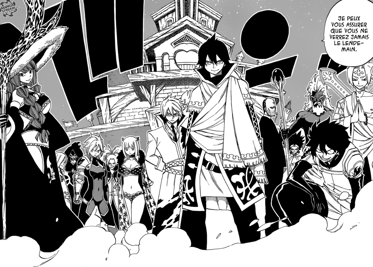 Rayghan_'s tweet photo. Ptdrr cette planche c'est vraiment la représentation même de l'enfer, les Spriggan Twelve + Zeleph protégés par une armée d'un million de mages gardant Mavis à la guilde de Fairy Tail, qu'est-ce que tu veux faire frr ? Comment ils pètent le flow ces chiens en plus https://t.co/SwUFjqL7EX