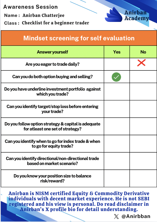 Anirbban's tweet photo. Nobody can makes you profitable, its the way you interpret market, can change everything.
Check yourself how much you are #SelfEnabled ?
A checklist from 14 years of experience.
Disclaimer: This is not inducement, but an attempt to show a filter for better direction. https://t.co/k37a61ZZS8