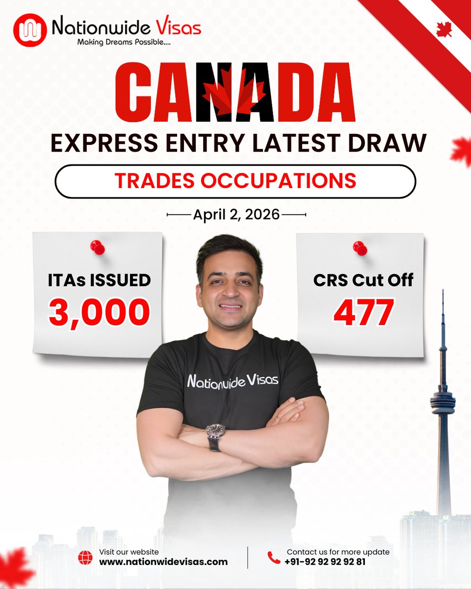 nationwidevisas's tweet image. Canada Express Entry Update 
On April 2, 2026, Canada invited 3,000 candidates under trade occupations 

If you’re in construction, electrical, mechanical, or technical fields 

🔗 Read more: nationwidevisas.com/news/canada-in…

#ExpressEntry #TradesJobs #SkilledWorkers #ImmigrateToCanada
