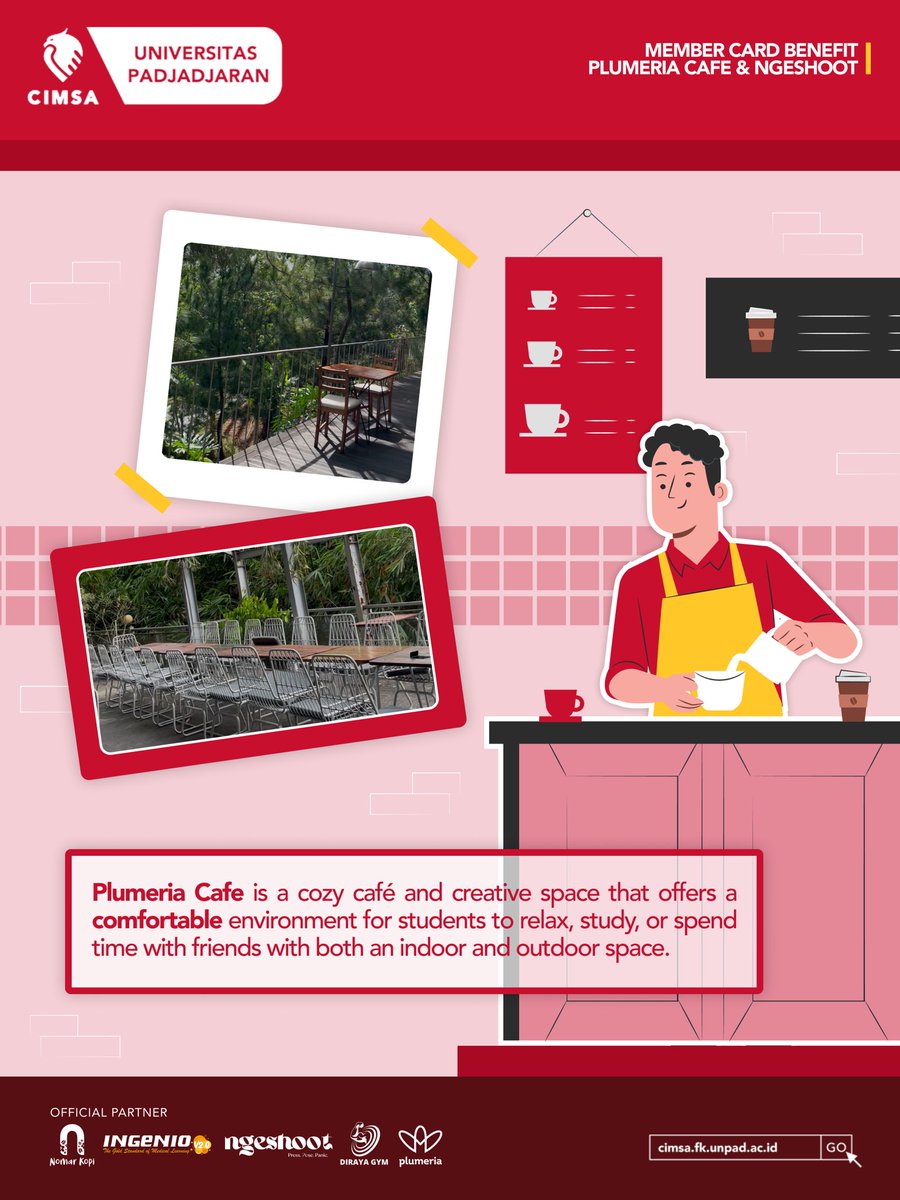 cimsaunpad's tweet photo. [MEMBER CARD BENEFIT: CIMSA FK UNPAD X PLUMERIA CAFE &amp; NGESHOOT]

Greetings, CIMSA!

CIMSA FK Unpad is proud to introduce a new partnership with Plumeria Cafe and Ngeshoot as part of our Member Card Benefit program. https://t.co/9xFdxC4PXs