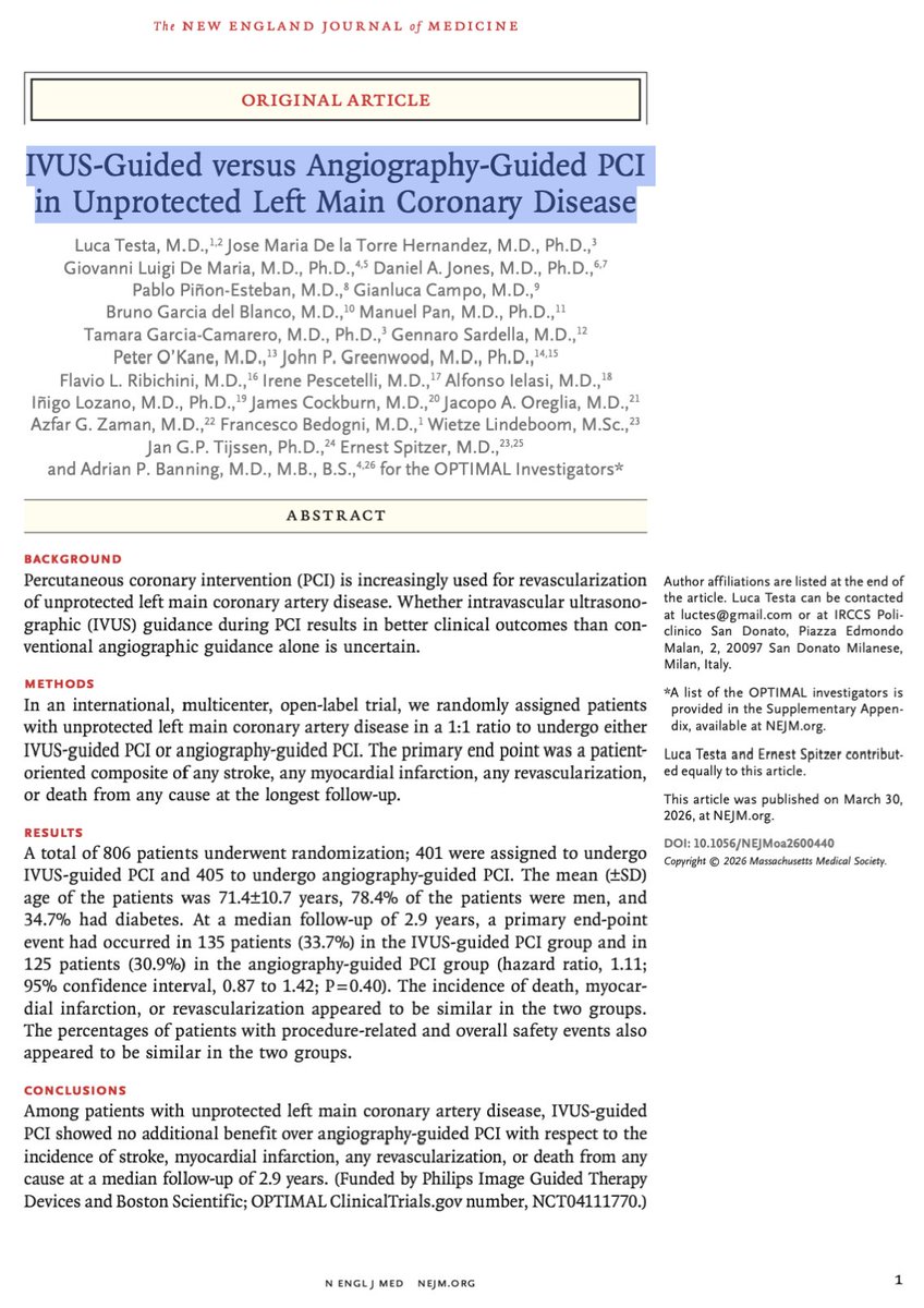 FCademartiri's tweet photo. 🧠 We optimized the stent. We forgot the disease.

Two major NEJM trials just dropped.
Both asked the same question:
👉 Does IVUS-guided PCI improve outcomes vs angiography alone?

The answer?
❌ No.

📊 Trial #1 – Complex High-Risk PCI (IVUS-CHIP)
IVUS: 13.9% events
Angio: 11.1% events
HR 1.25 → trending worse

📊 Trial #2 – Left Main PCI (OPTIMAL)
IVUS: 33.7% events
Angio: 30.9% events
HR 1.11 → no difference

Let’s be honest.
💡 IVUS did exactly what it’s supposed to do:
✔️ Better sizing
✔️ More post-dilation
✔️ More “optimized” stents

And yet…

👉 No clinical benefit.

⚠️ This is the uncomfortable truth:
We’ve been chasing procedural perfection,
thinking it would translate into patient outcomes.

It doesn’t
(and yes I know the comparator is highly skilled PCI operators/centers; but does this appears as inclusion criteria?)

Because events are NOT driven by:
❌ stent expansion
❌ lumen gain
❌ apposition metrics

They are driven by:
🔥 plaque biology
🔥 disease burden
🔥 patient-level risk

Even more interesting:
👉 The “inferior” arm (angiography) was already excellent
👉 Modern PCI is already optimized
👉 There’s very little left to gain mechanically

💥 So what did these trials really show?
Not that IVUS is useless.

But that:
👉 The paradigm is wrong.

🧬 We are:
✔️ optimizing millimeters
✔️ while events come from microns of biology

🚨 The future is NOT:
“optimize the stent more”

It is:
👉 identify disease earlier
👉 quantify plaque, not stenosis
👉 treat-to-plaque, not treat-the-lumen

💬 Final thought:
We spent 20 years perfecting PCI.
And almost none of that effort touched the disease that actually kills patients.

#Cardiology #PCI #IVUS #CardiacImaging #PhotonCountingCT #PreventiveCardiology #TreatToPlaque
