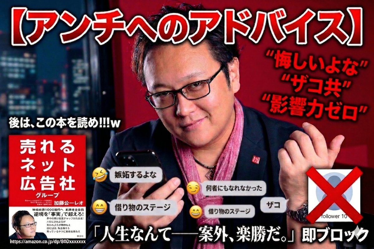 leokoichikato's tweet photo. 【アンチへのアドバイス】

堀江貴文氏の暗号資産を復旧させてからというもの、私のところに暗号資産界隈から異常な数のアンチが湧いています。

そうだよな。君らアンチはムカつくよな。悔しいよな。

なんで我々が大企業トップ層や有名経営者から直接頼られ、あんな大仕事をサクッと解決して感謝されているのか。

自分の冴えない人生と比べて、嫉妬するよな。

でもさ、君たちが仕事終わりに居酒屋で会社の愚痴をこぼしている時、私はひたすら事業の設計をし、どうすれば圧倒的に「売れる」仕組みを作れるか、血反吐を吐く思いで考え抜いていたんだわ。

君たちが休日にダラダラとスマホで生産性のない動画を見ている間、私は土日も休みなく、会社の成長や東証上場という目標に向けて、青春もプライベートも全て犠牲にして仕事に捧げてきた。

ごめん。だから、何者にもなれなかった君たちアンチが底辺から匿名で文句を言っていることと、私が会社員時代でも成功して大出世して、『売れるネット広告社グループ』を創り上げ、圧倒的な結果を出して、東証上場までして、この場所にいることは、残酷なようだけど『当然』なんだわ。

しかも一番滑稽なのは、わざわざ私に噛み付いてくる連中のアカウントを見たら、見事にフォロワー10人程度のザコばかりなこと。特に暗号資産界隈のアンチのザコ具合は群を抜いてすごかったですねｗ

君たち自身には何の知名度も影響力も発信力もないから、私のポストへの「リプライ」や「引用」という『借り物のステージ』にぶら下がって喚くことしかできない。反論すればするほど、SNSのアルゴリズム上で「私への強烈なエンゲージメント」として評価され、私の知名度を勝手に押し上げてくれていることにすら気づいていない。

自分の人生を変える努力からは逃げるくせに、私の影響力を高めるためなら無給で一生懸命働いてくれる。そんな君たちという「無料の広告塔」が、私は本当に好きです。

わざわざ私に執着して長文コメントを打ち込む暇があるなら、先日に出版した私の「本」でも読んでみなよ。
これは重要な『アドバイス』だよ。

私がどうやって青春を犠牲にしてネット広告業界のトップまで上り詰めたか、東証上場まで上り詰めたのか、2年ちょっとで9社のグループ会社を保有するまでになってのか、その圧倒的な事実と行動論のすべてが「本」に書いてあるから。

ズバリ、私は今までの人生で自分の夢や目標を“全て”叶えてきた。ビックリするほど叶えてきた。

●小さい頃から、「母に親孝行する」と言い続けて、100%叶えた。

●大学時代は、「総合商社に入る」と言い続けて、三菱商事に入った。

●会社員時代は、「起業する」と言い続けて、売れるネット広告社を創った。

●起業してからは、「上場させる」と言い続けて、本当に東証に立った。

●そして今は、「時価総額1,000億円にする」と本気で言い続けてる。

バカにされようが笑われようが、関係ねぇ。

口に出せ。恥を捨てろ。黙ってるヤツに未来は来ねぇ。

“宣言”して死ぬほど“行動”すればいい。

そしたら、人生なんて――案外、楽勝だ。

私を信じて『9235』に乗ってくれている株主や、本質を見抜く賢明な投資家たちには、必ず“最高の景色”を見せます。

一方、他人の粗探ししかできないアンチたちの薄っぺらい人生には、一生縁のない世界の話だろうけどね。

ただ、あまりにも影響力ゼロの「超ザコ」だと私が判断したアンチは、視界に入れる価値もないので即ブロックしてあげていますｗ

アンチよ。文句があるなら、私と同じ場所まで這い上がってから言ってみろ‼️

あとは、この本を読め‼️ｗ https://t.co/mvfNareGUc

あとは、この本を読め‼️ｗ https://t.co/mvfNareGUc

あとは、この本を読め‼️ｗ https://t.co/mvfNareGUc

よろしくね♪

加藤公一レオ 
売れるネット広告社グループ株式会社 （東証上場 証券コード9235） 
創業者・取締役会長