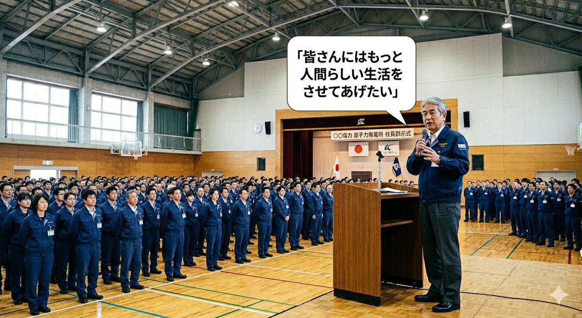 slave_elec's tweet photo. 原発勤務時の思い出シリーズ。何かの用で社長がサイトに来て訓示。残業、メンタル、単身赴任に溢れた職場環境でも、「俺たち電力社員は恵まれてるんだ！会社のために地域のために！」という自己暗示にこの言葉。原子力、、、相当ブラック？という疑念を持ち始めた入社３年目の春。※社長は優しい。 https://t.co/U3YfCoDp1a