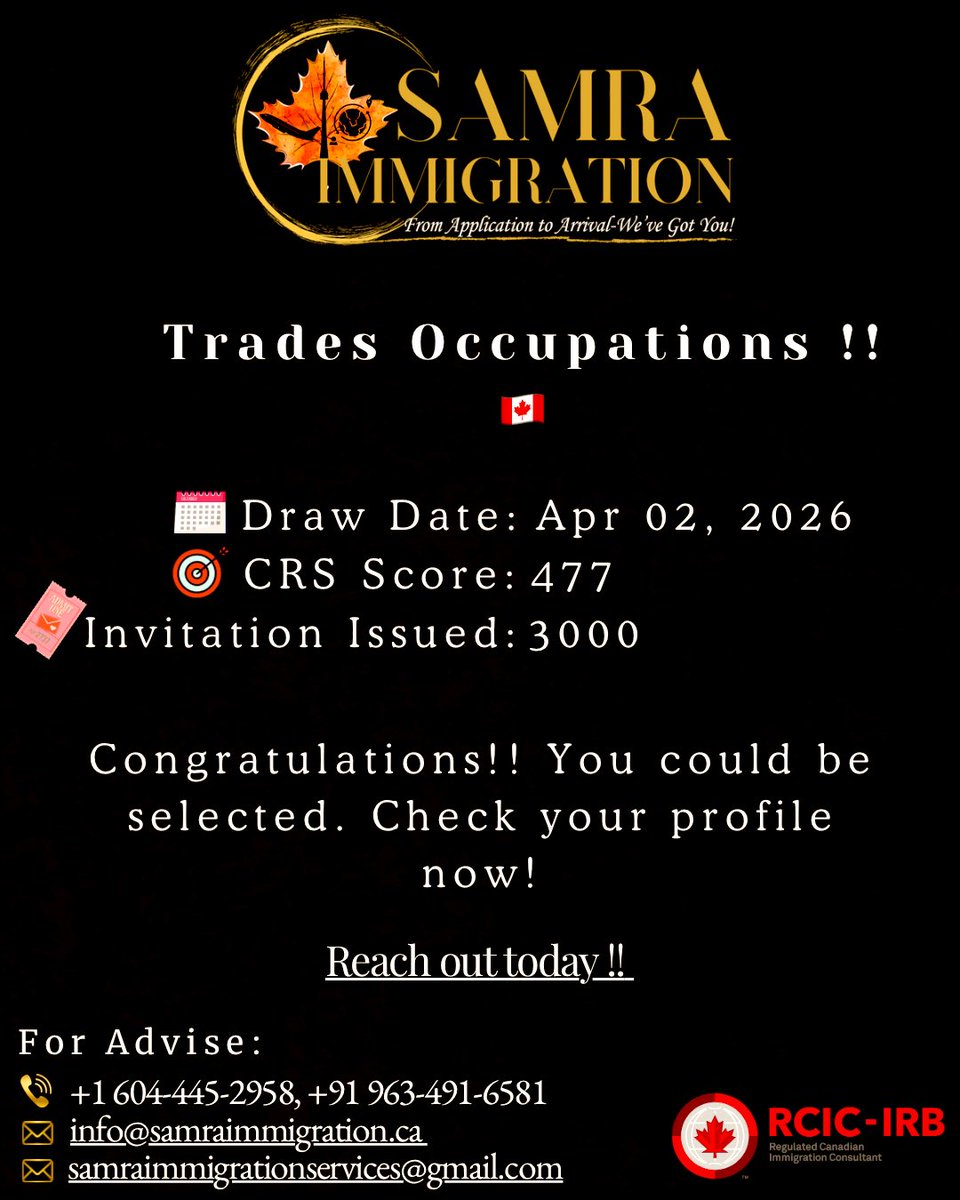 ManvinderSamra's tweet image. Trades Occupations 

📩 Send us a message or comment “ASSESS” to get started today.

Samra Immigration Services 
Manvinder Samra, RCIC-IRB
☎️: 604-445-2958
📧: info@samraimmigration.ca

#tradeoccupationdraw #CanadaPR #ExpressEntry #CanadaImmigration #samraimmigration