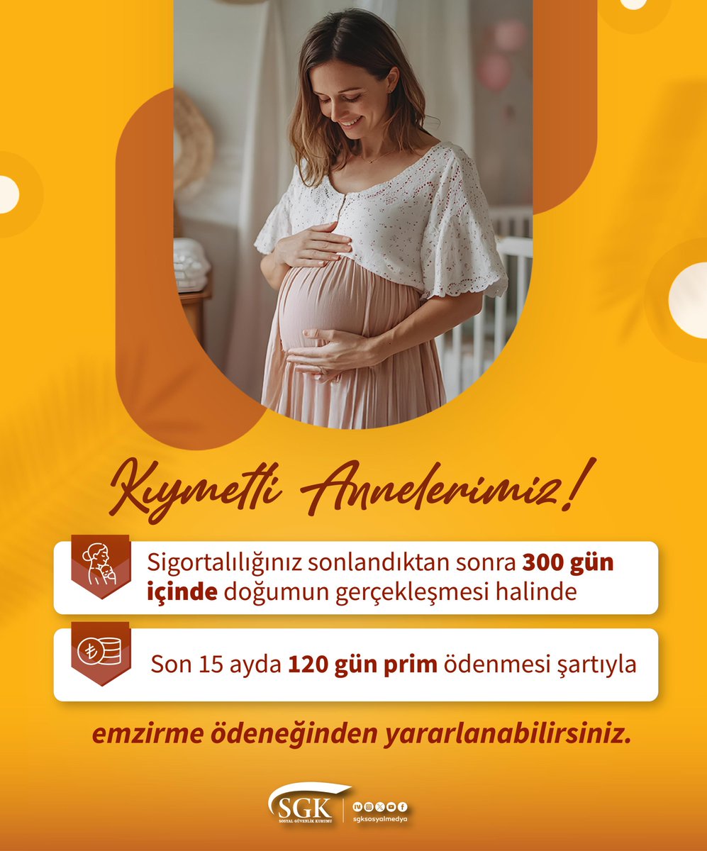 🤰 Kıymetli annelerimiz!

✔️ Sigortalılığınız sonlandıktan sonra 300 gün içinde doğumun gerçekleşmesi halinde
✔️ Son 15 ayda 120 gün prim ödenmesi şartıyla

Emzirme ödeneğinden yararlanabilirsiniz.