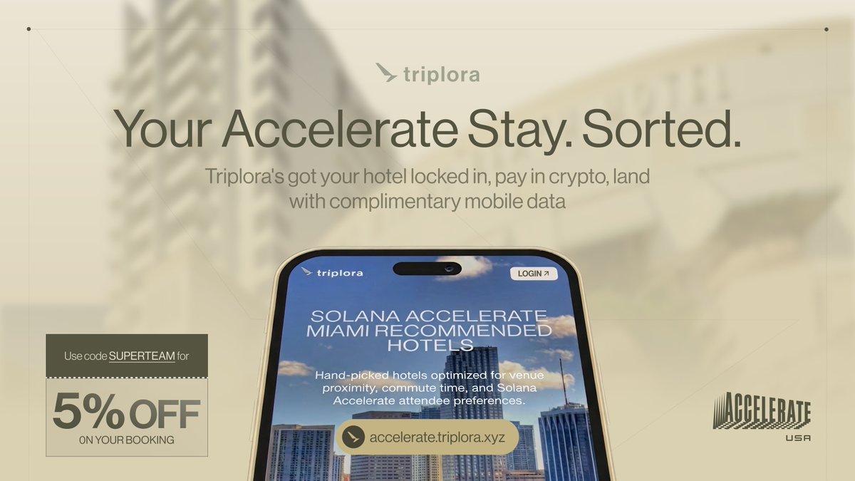 SuperteamAE's tweet photo. Attending Solana Accelerate? @triploraxyz has you covered.

Book hotels on their platform with curated stays near the venue. They are building their onchain loyalty program on Solana.

Use code SUPERTEAM for 5% off your booking. Pay in crypto on the Solana network and get a complimentary USA eSIM (10 GB, 15-day validity).

https://t.co/TrwdLL1ujE