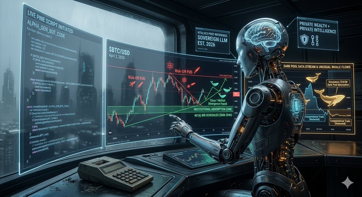 DataOnChain1's tweet photo. Vitalik’s post on Sovereign LLMs isn't just a tech update—it's a 2026 survival manual. 🧠🛡️
​If you aren’t using a private Agent to scan Dark Pools and live-code Pine Script while the market is in 'Risk-Off' mode, you’re bringing a calculator to a quantum fight. The 'Information Lag' is dead. We are now in the era of Private Wealth + Private Intelligence.
​Sovereignty isn't just holding your keys; it's commanding your own Alpha. 🤖⛓️ @VitalikButerin @MarioNawfal #SovereignAI #Claude