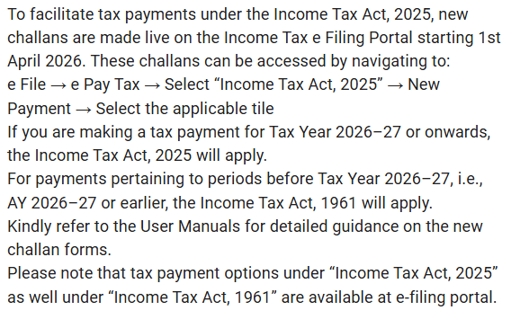 CAclubindia's tweet image. New Tax Payment Challans Go Live on #IncomeTax Portal from 1st April 2026 Under IT Act 2025